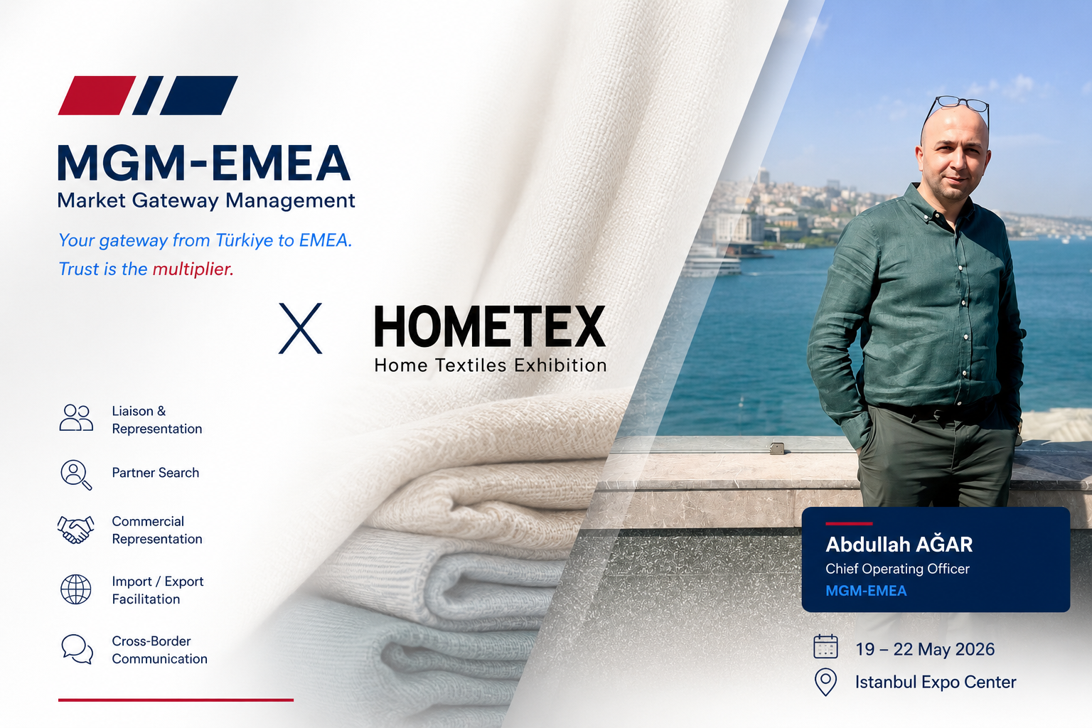 Home textile trade fair stands with curtains, bedding and towels at HOMETEX 2026 in Istanbul